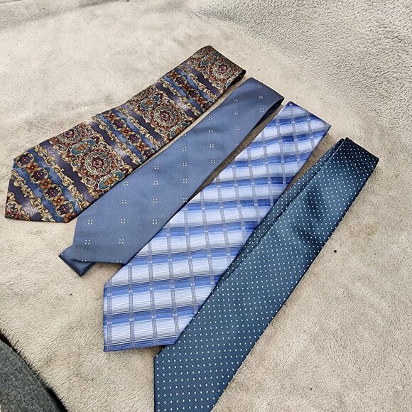 Four Piece Tie Assortment Set Mens Blue Tie Bar Van Heusen Summit Hill Woodward - Picture 6 of 7